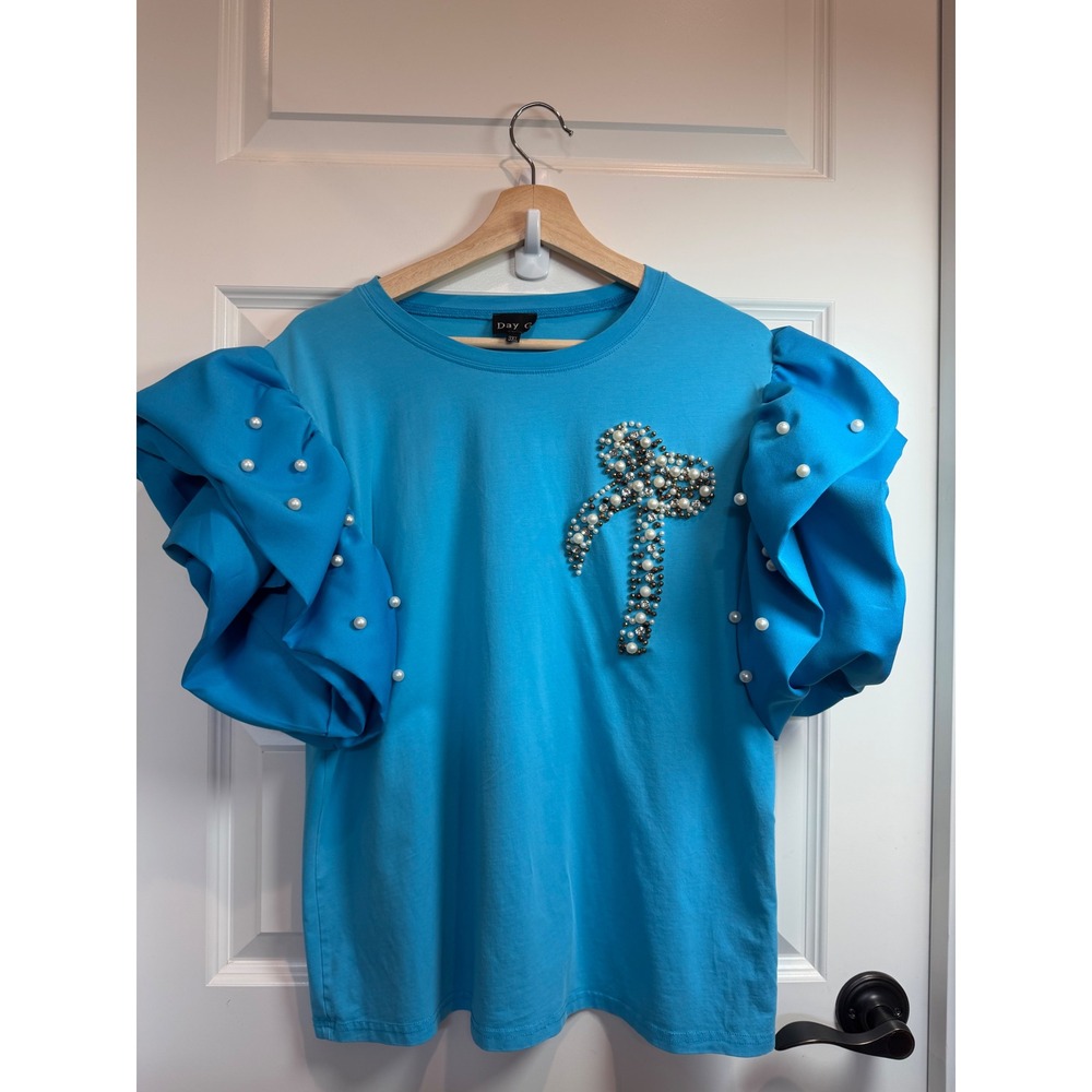 Day G Turquoise Blue Ruffle Sleeve Pearl Embellished Top 3XL CT952 Womens